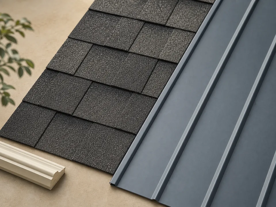 Asphalt shingles and standing-seam metal on adjacent roof planes