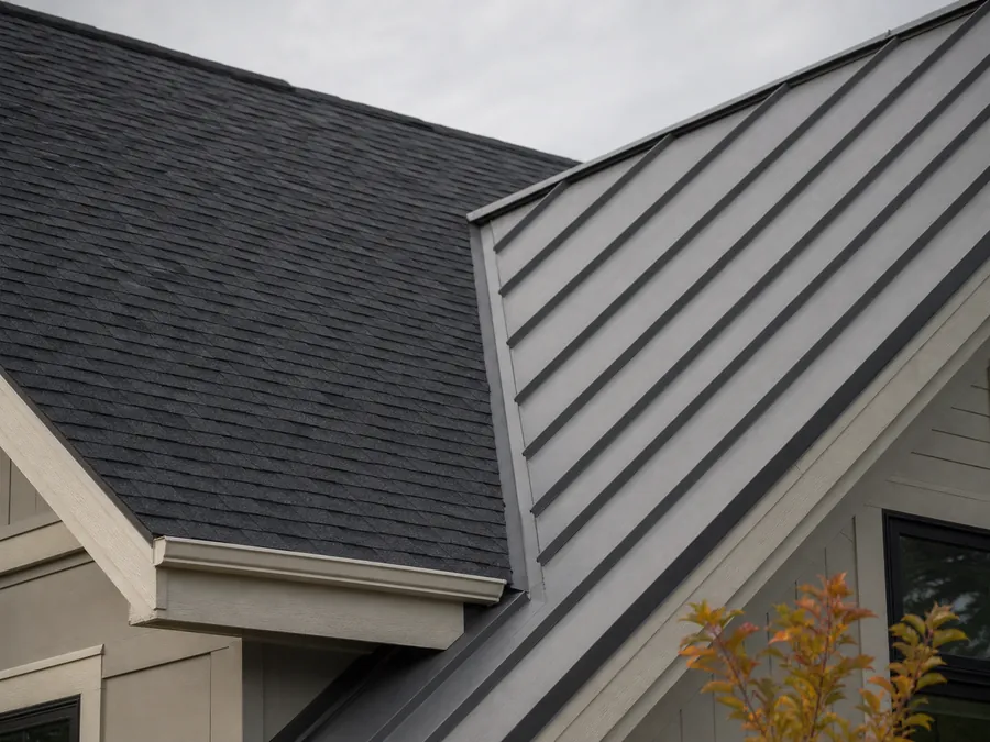 Asphalt shingles and standing-seam metal on adjacent roof planes