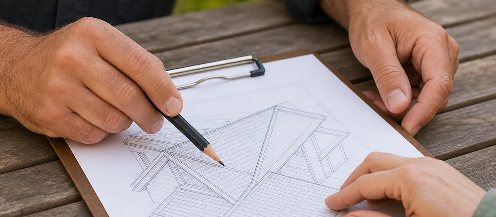 Homeowner and roofing contractor reviewing a roof plan