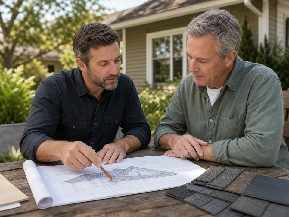 Homeowner and roofing contractor reviewing a roof plan