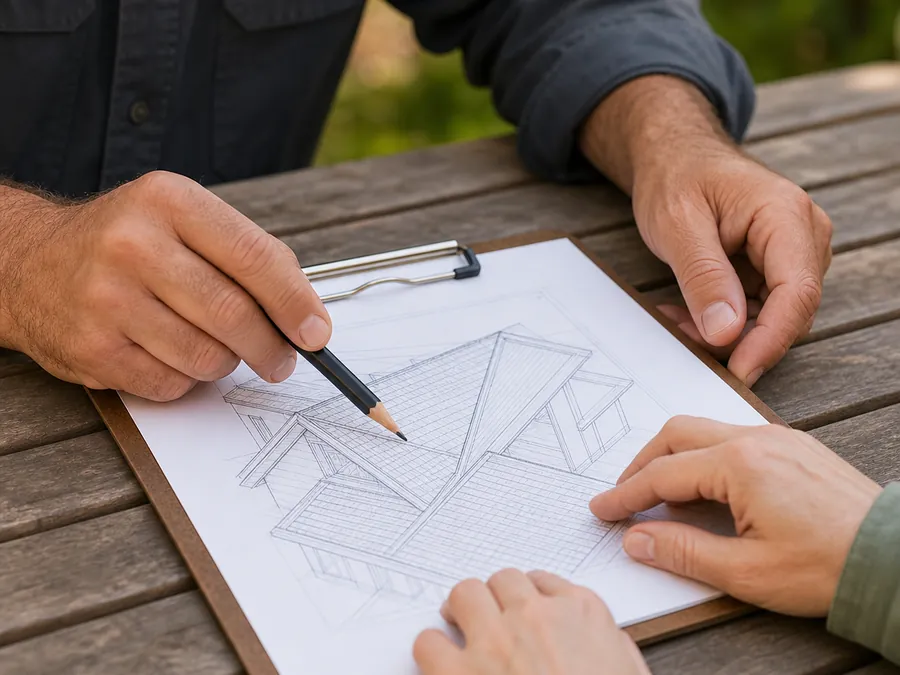Homeowner and roofing contractor reviewing a roof plan