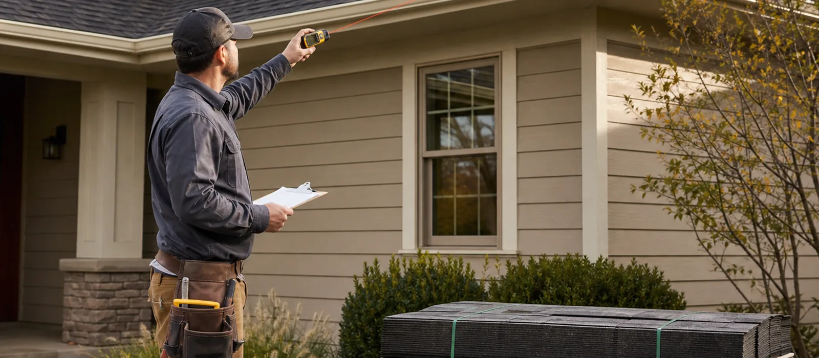 Roofing contractor measuring a roofline beside bundled shingles