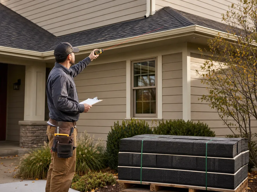 Roofing contractor measuring a roofline beside bundled shingles