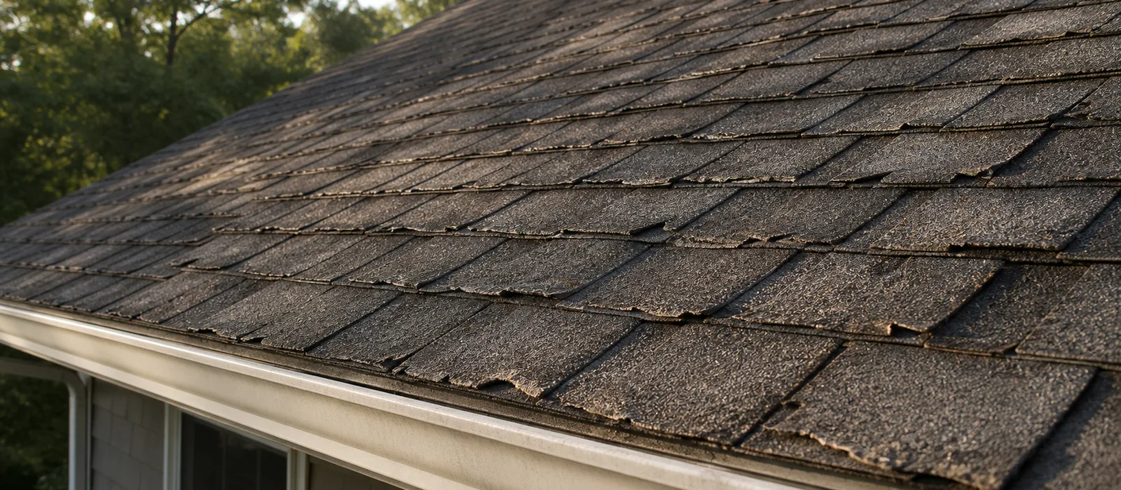 Worn asphalt shingles curling at the edges on an aging roof