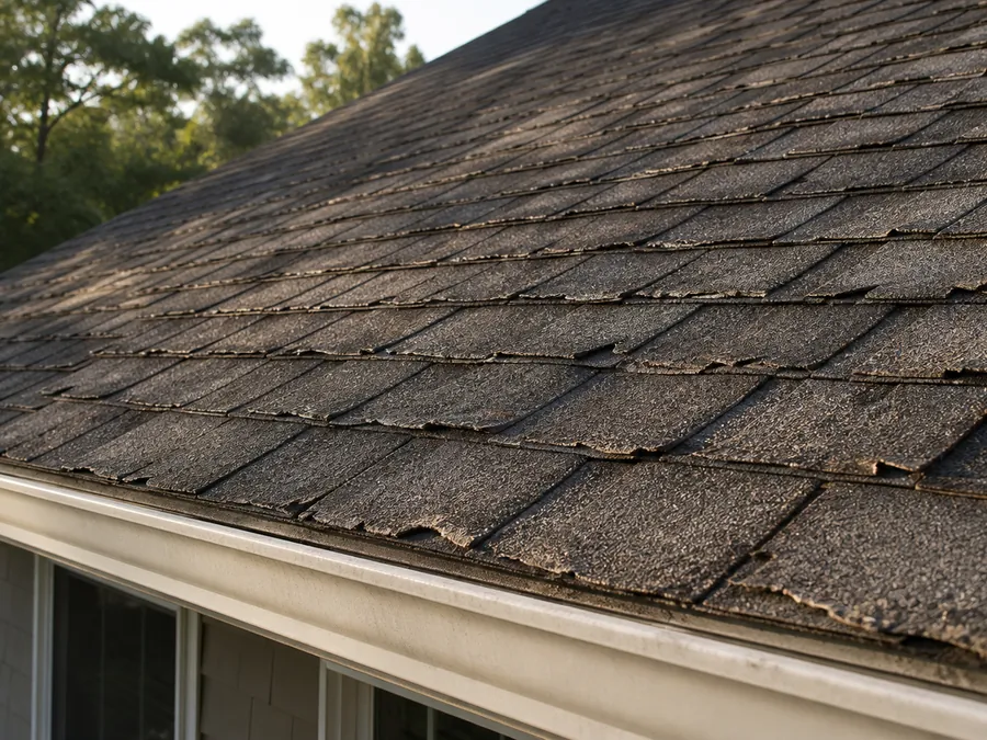 Worn asphalt shingles curling at the edges on an aging roof