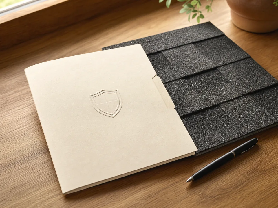 Roof warranty document beside asphalt shingle samples