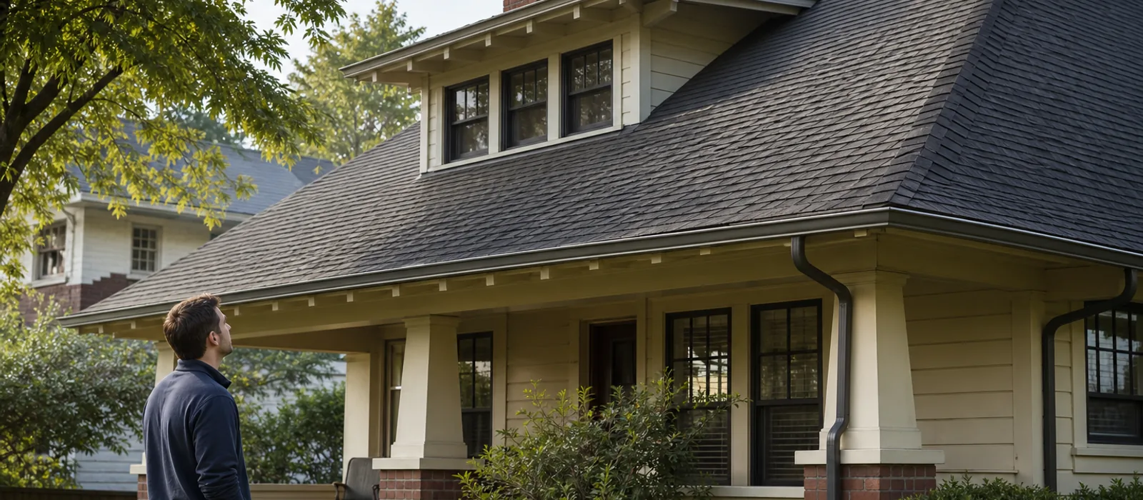 New homeowner looking up at a well-maintained craftsman roof