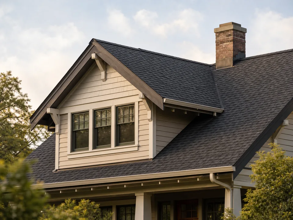 New homeowner looking up at a well-maintained craftsman roof