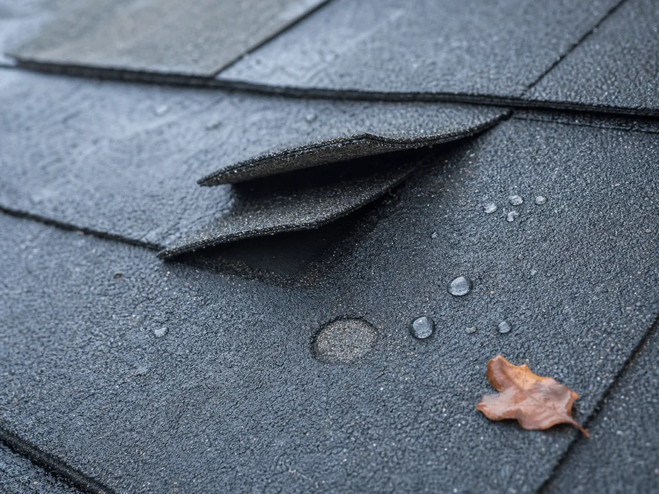 Lifted asphalt shingles and wet leaves after a storm