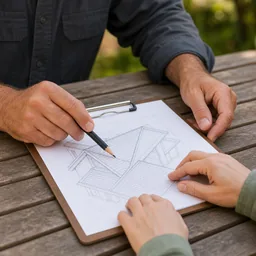 Homeowner and contractor reviewing a roof plan