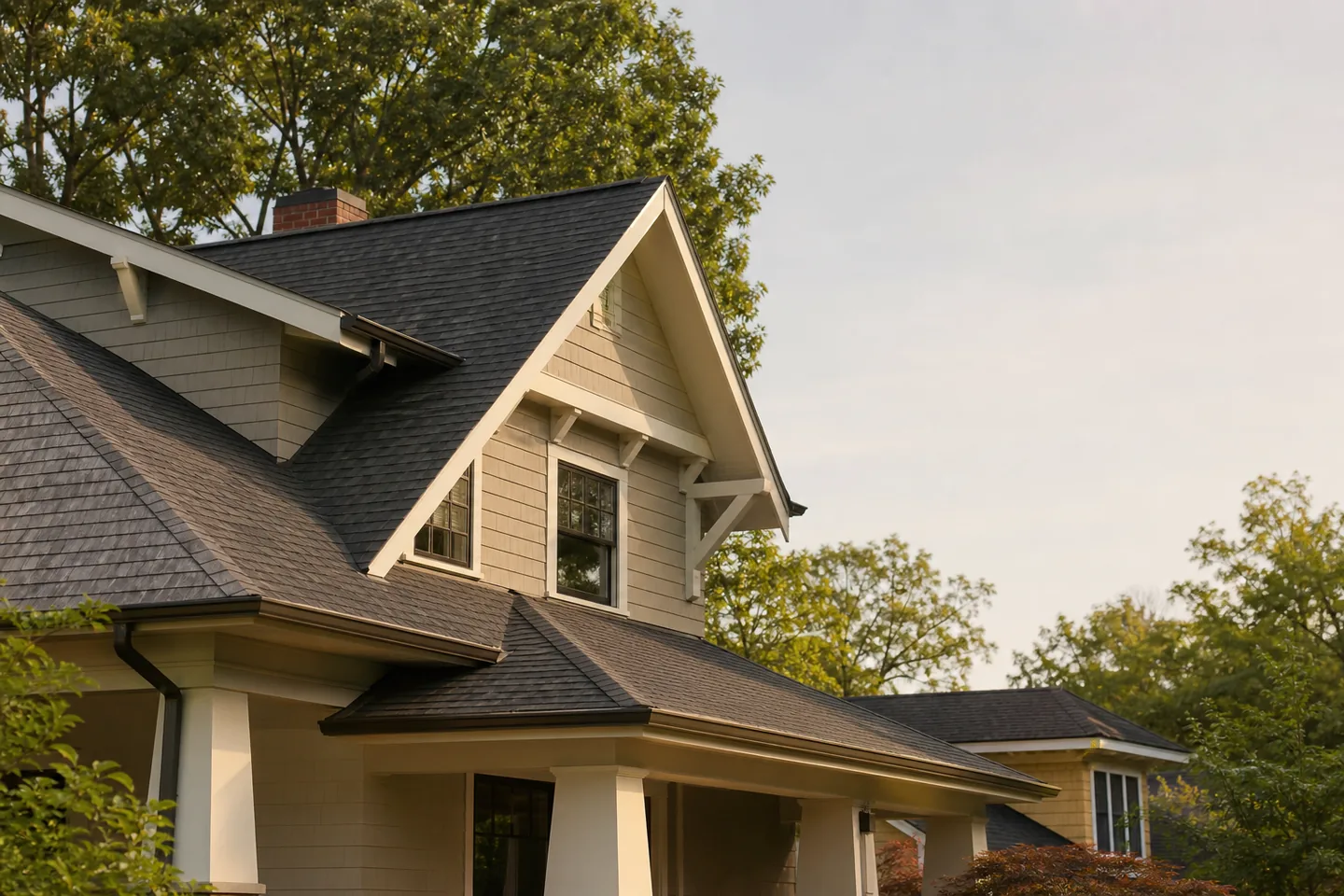 Craftsman home with a well-maintained charcoal shingle roof