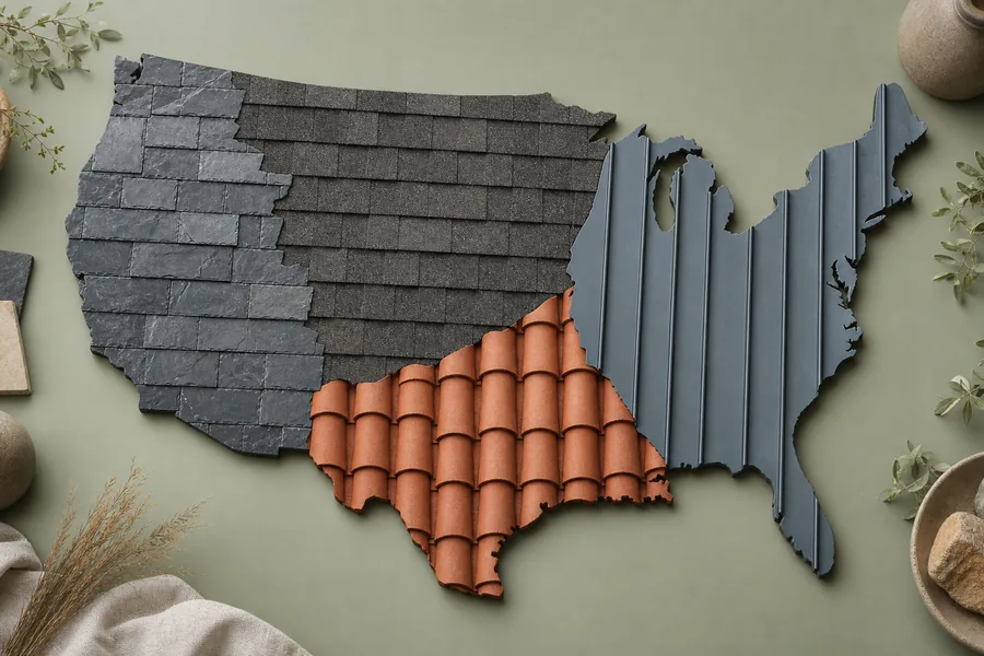 Map of the United States assembled from regional roofing materials