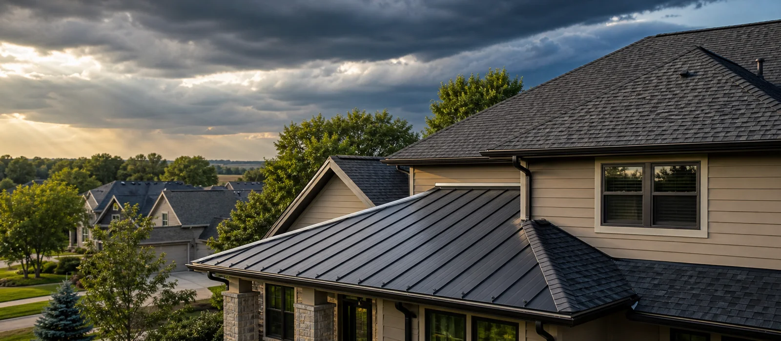 Midwest suburban rooflines with impact-rated asphalt shingles and standing-seam metal under storm clouds