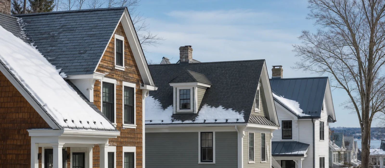 Snow-dusted Northeast homes with slate, asphalt, and standing-seam metal rooflines