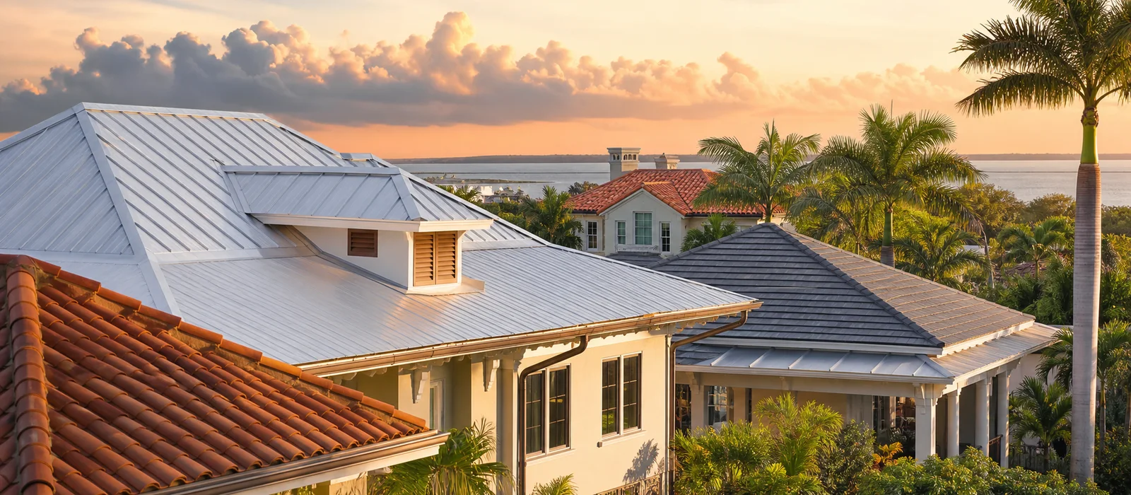 Southern coastal homes with light metal roofing and clay tile rooflines in humid sunset light