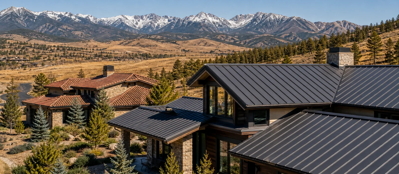 Western foothill homes with fire-resistant metal and tile rooflines against distant mountains