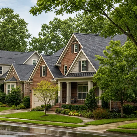 Charlotte-area brick homes with gabled asphalt shingle roofs and leafy trees