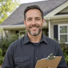 Residential roofing professional holding a clipboard