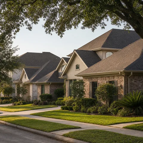 Houston brick and stucco homes with architectural shingle roofs beneath live oak trees