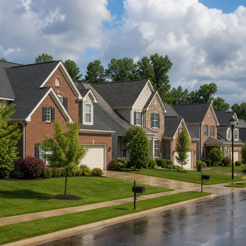 Central Indiana brick and siding homes with asphalt shingle roofs after a storm