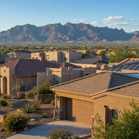 Las Cruces stucco homes with tile and metal rooflines beneath the Organ Mountains