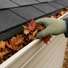 Gloved hand clearing leaves from a roof gutter