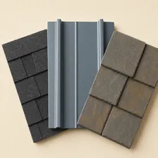 Asphalt, metal, and slate roofing samples