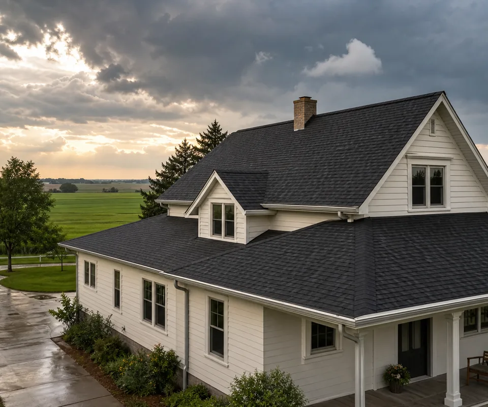 Midwestern farmhouse roof beneath clearing post-storm clouds
