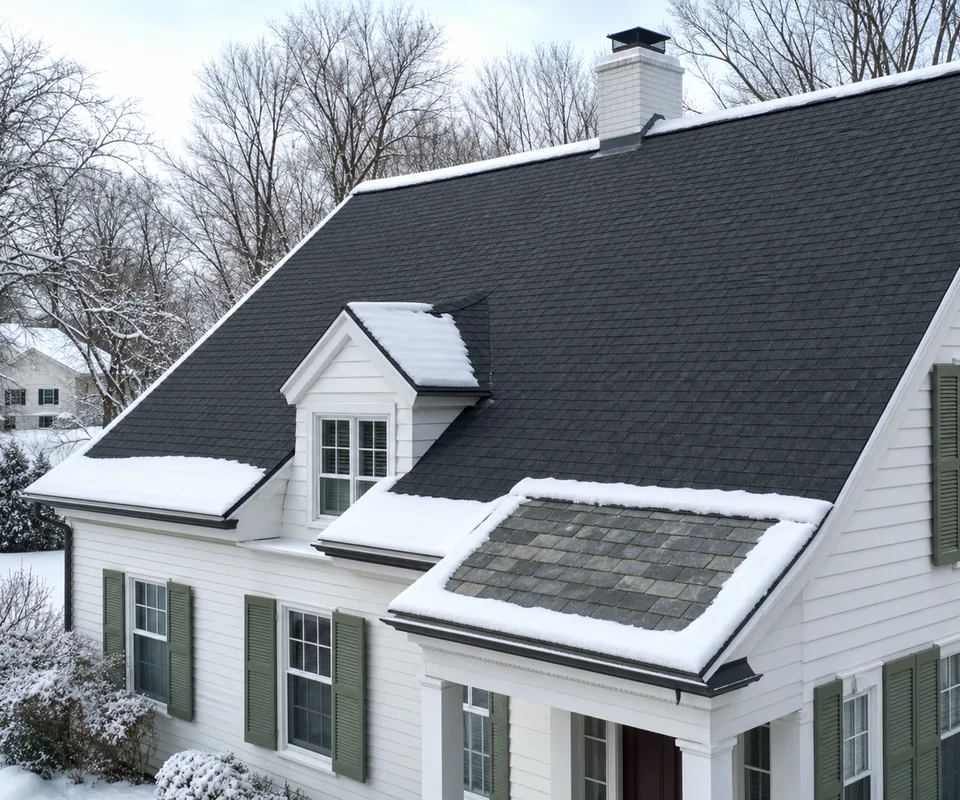 Snow-covered New England home with steep asphalt and slate rooflines