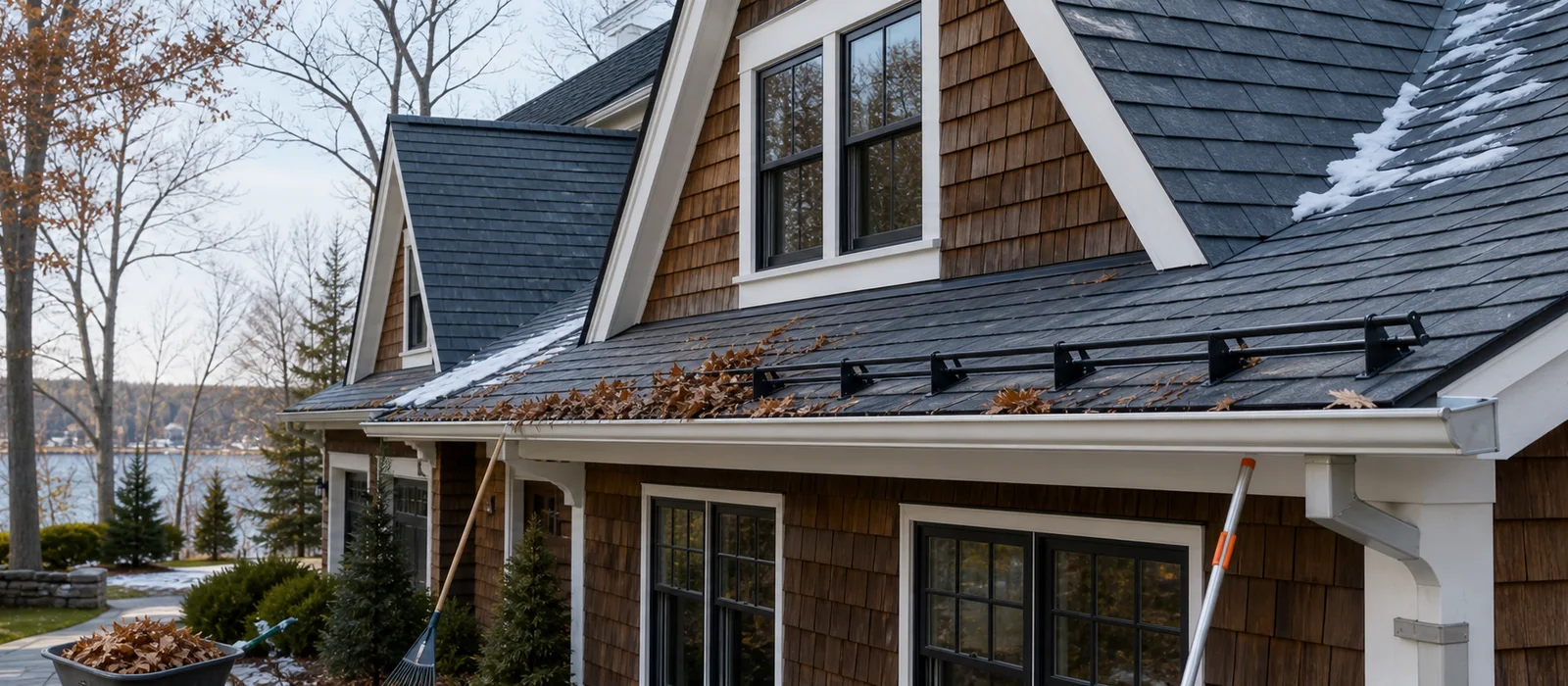 Northeast home with fall leaves, snow-dusted rooflines, clean gutters, and winter roof maintenance tools