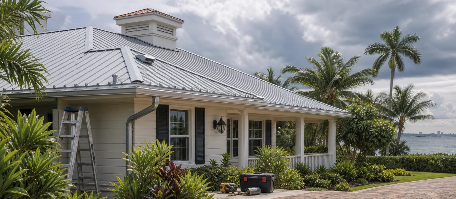 Southern coastal home with metal roofing, clear gutters, inspection tools, and storm clouds before hurricane season