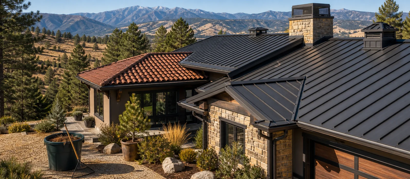 Western foothill home with fire-resistant metal and tile rooflines, clean gutters, and cleared roof debris