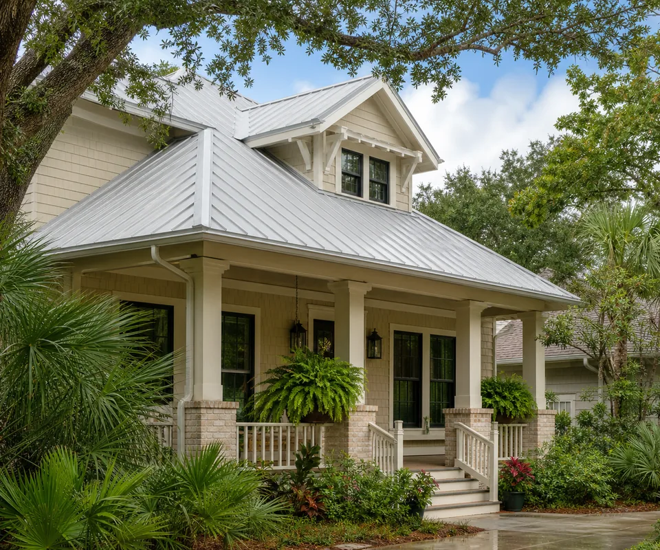 Southern craftsman home with a light standing-seam metal roof